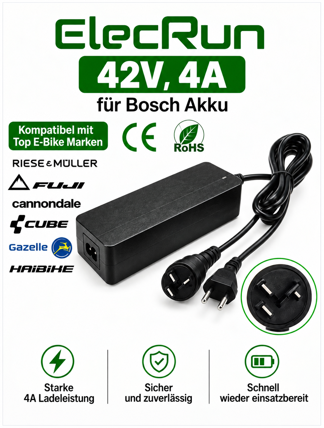 ElecRun E-Bike Ladegerät für Bosch Akku 42V,4A BSH-3 Pin