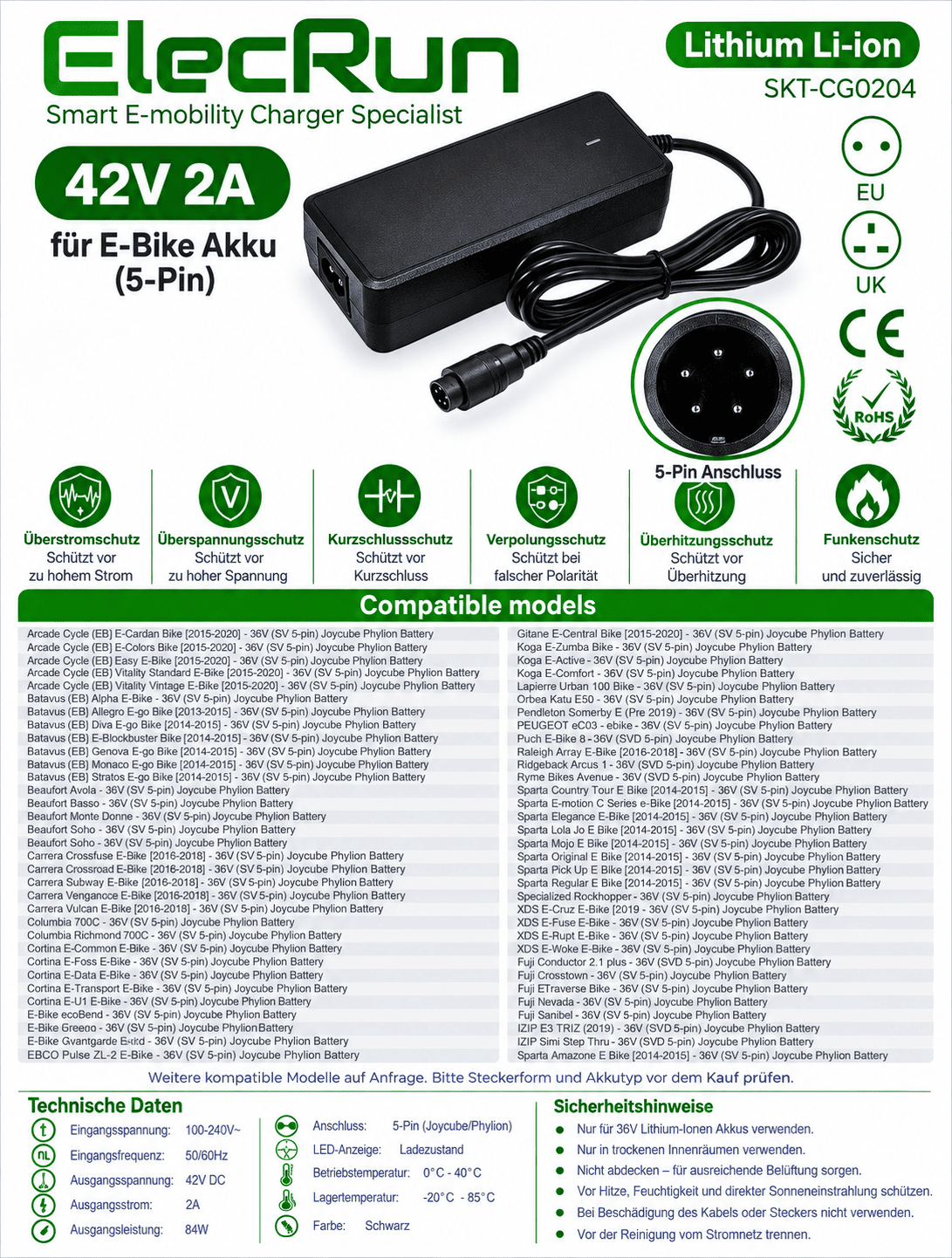 ElecRun 42V 2A E-Bike Ladegerät 5-Pin für Phylion Joycube | Batavus, Sparta, Carrera, Arcade Cycle, XDS, Fuji