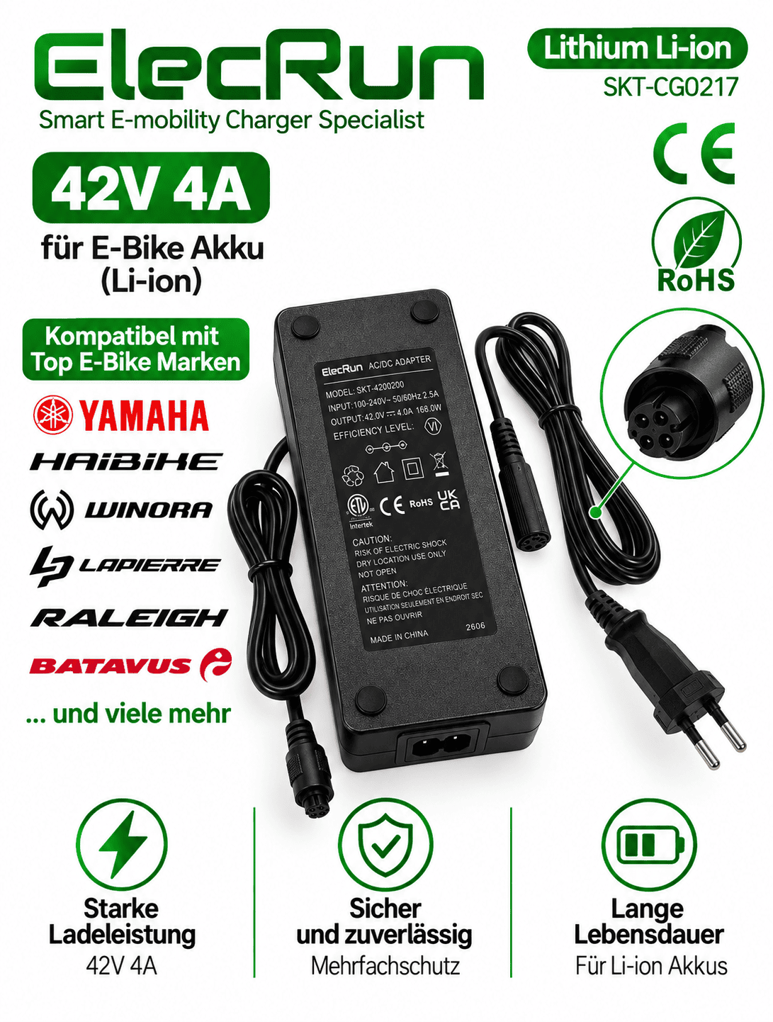 ElecRun E-Bike Ladegerät 42V 4A  HRS 4-Pin für Babboe, Easy Motion, Haibike,Yamaha