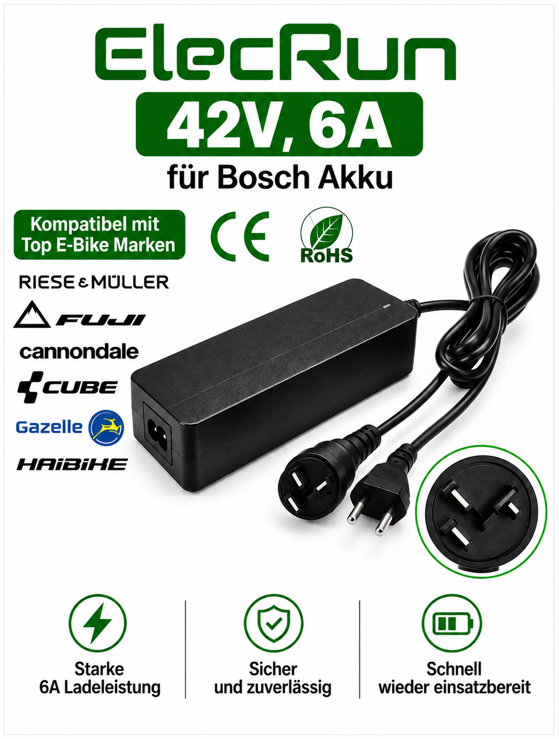 ElecRun 42V 6A Ladegerät für Bosch 36V E-Bike Akku BSH – 3 Pin